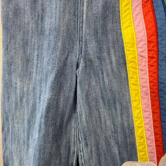 MINI BODEN Denim Rainbow Overalls Jumpsuit 6-7 122cm Blue Overall Clouds Bows - Picture 6 of 10